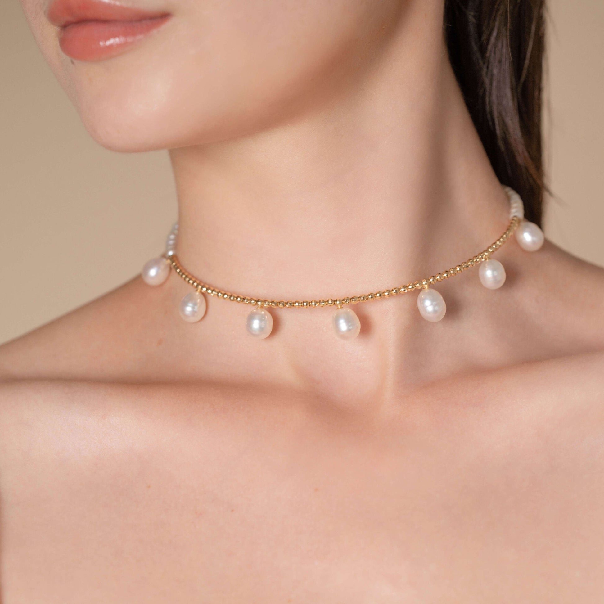 Elegant Pearl Dot x Gold Choker, perfect for adding a touch of sophistication to any outfit.