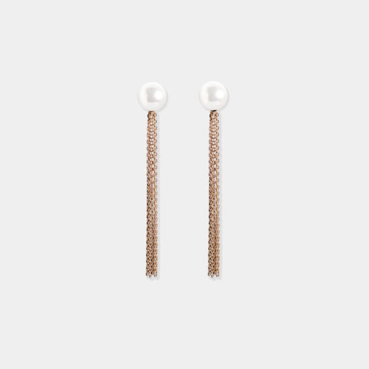 Luxurious white pearl earrings with gold accents, set on a pristine white background. A must-have for any fashionista.