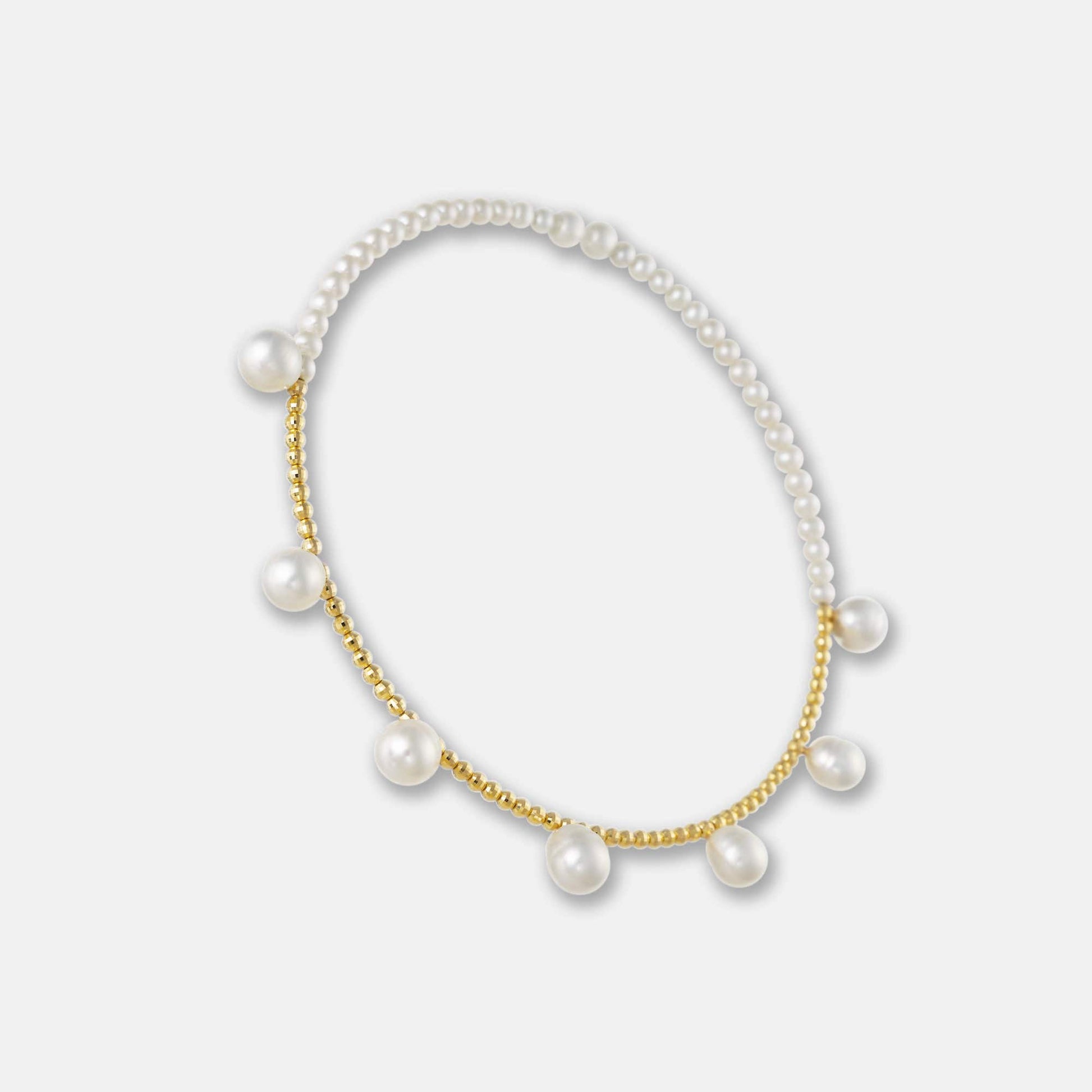 Elevate your style with a Pearl Dot x Gold Choker, showcasing a beautiful pearl necklace embellished with gold beads and pearls.