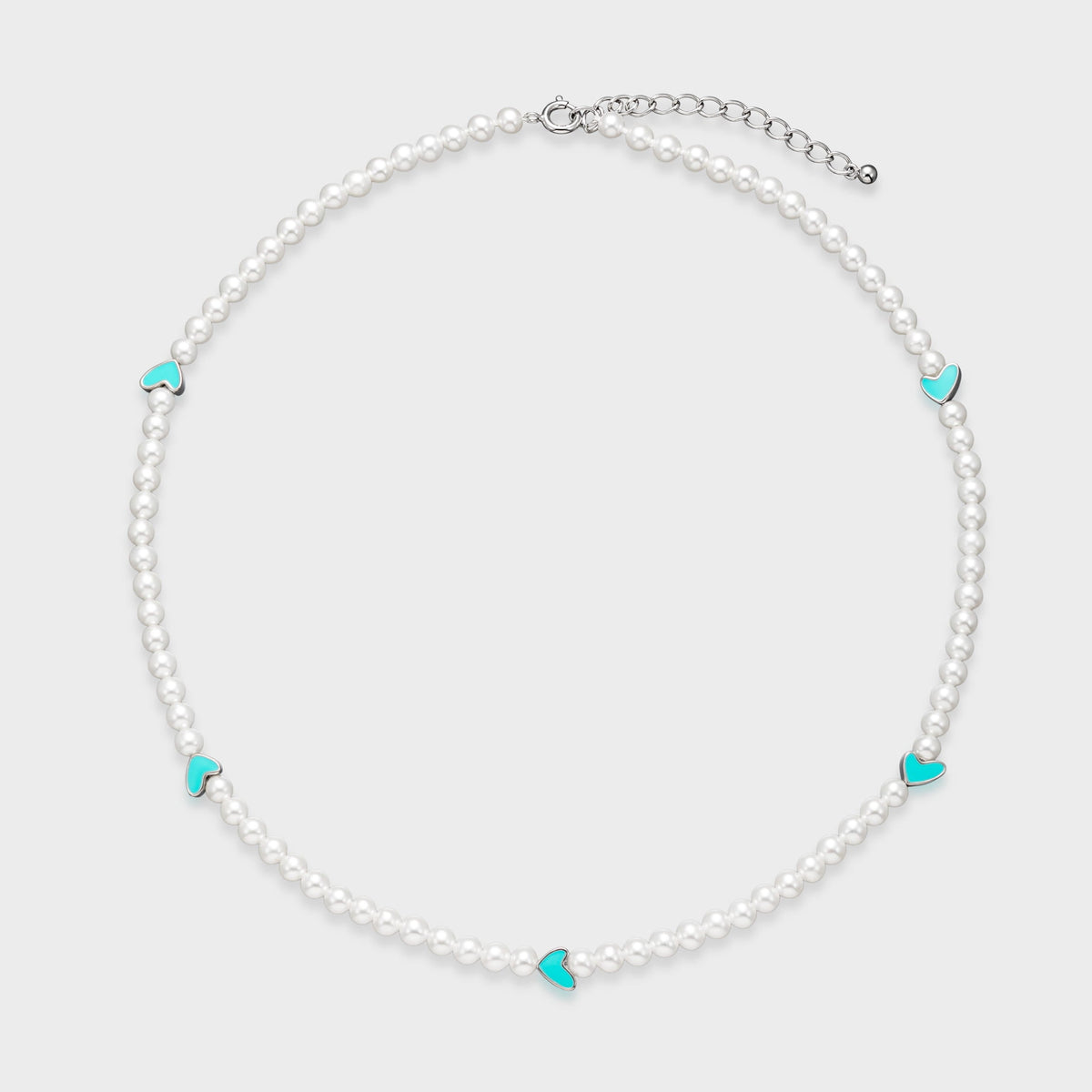 Blue Enamel Heart Pearl Necklace: freshwater pearl strand with blue enamel hearts