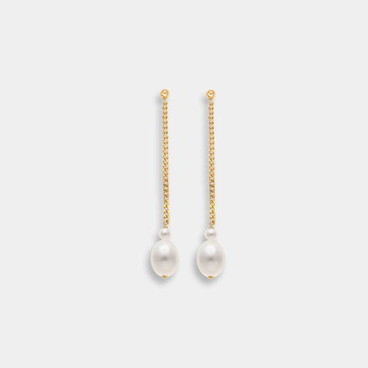 Gold Chain with Oval and Round White Pearl Earring