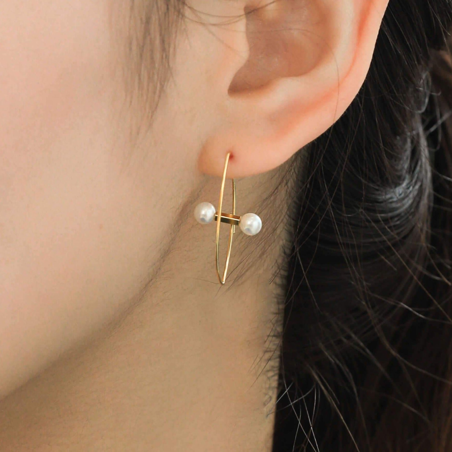 Gold Marquise Earring with White Pearl Close Up