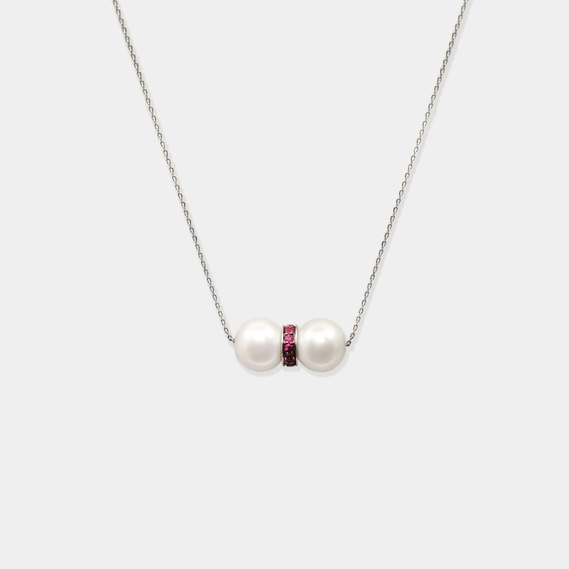 White Gold Chain With Pearl Pair and Pink Sapphires