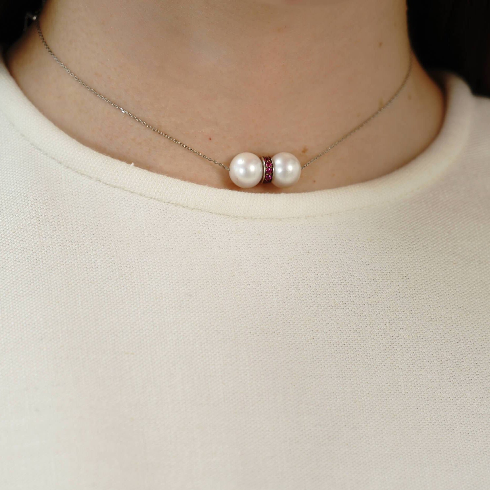 White Gold Chain With Pearl Pair and Pink Sapphires on Model